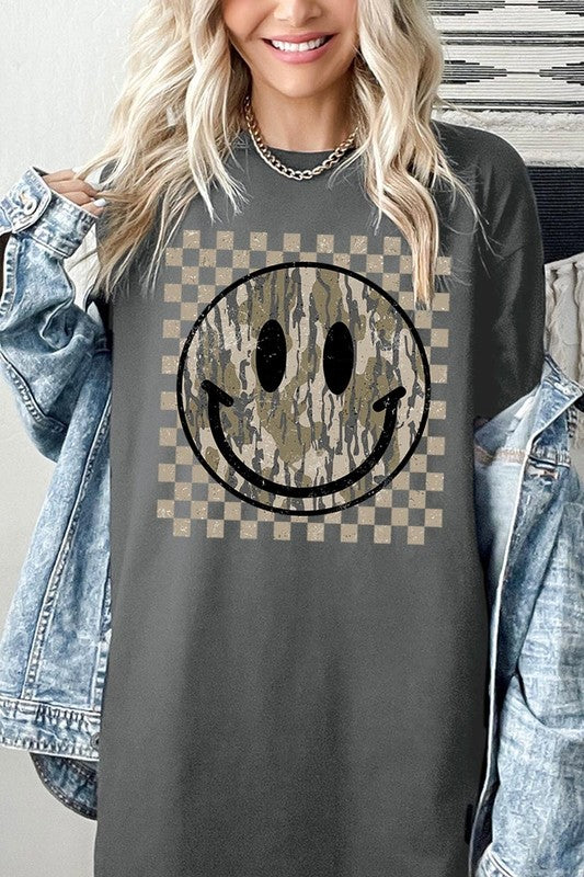 Retro Camo Smiley Face Plus Heavy Cotton Tee