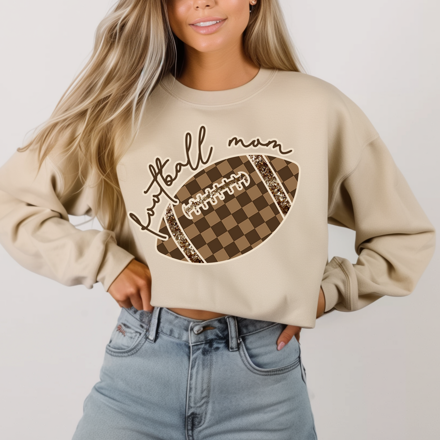Check Football Mom in Sand Sweatshirt